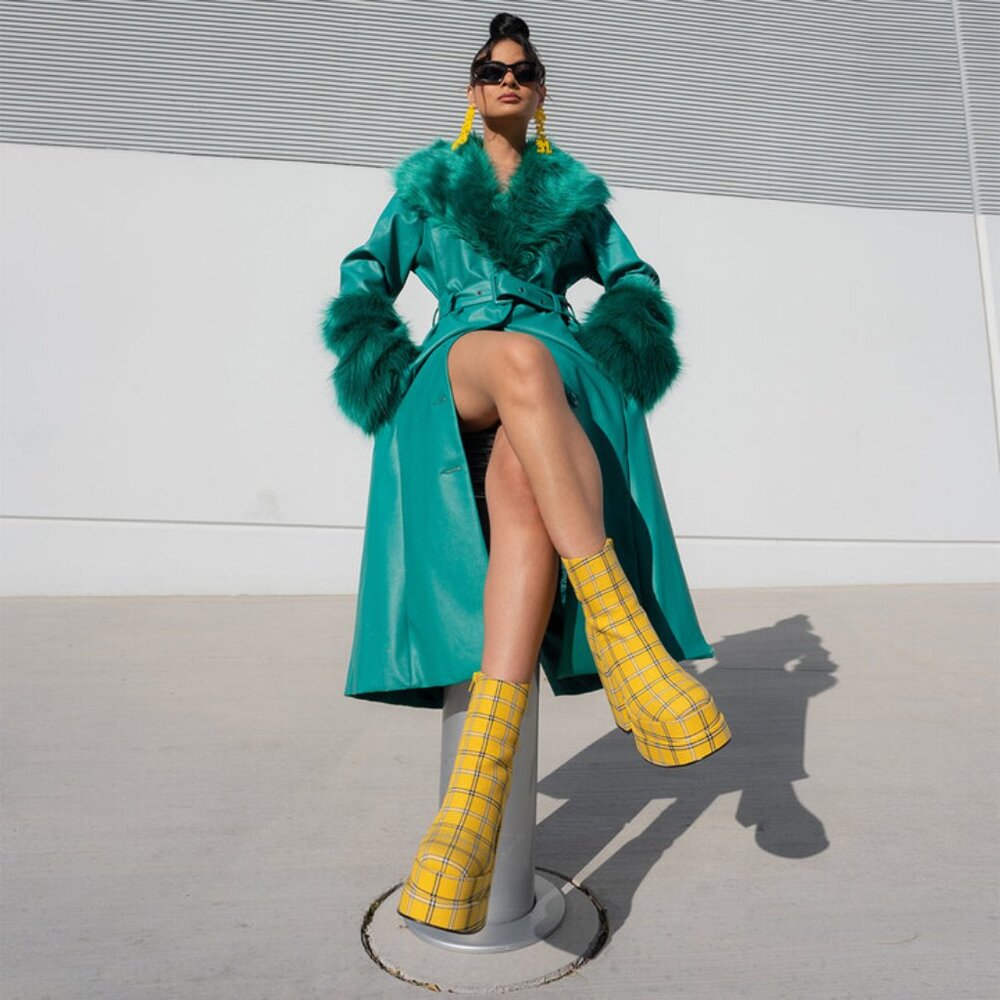 💋RETRO 70s CHIC💋Steve Madden Double Plarform Booties in Yellow & Black Plaid - Picture 4 of 16